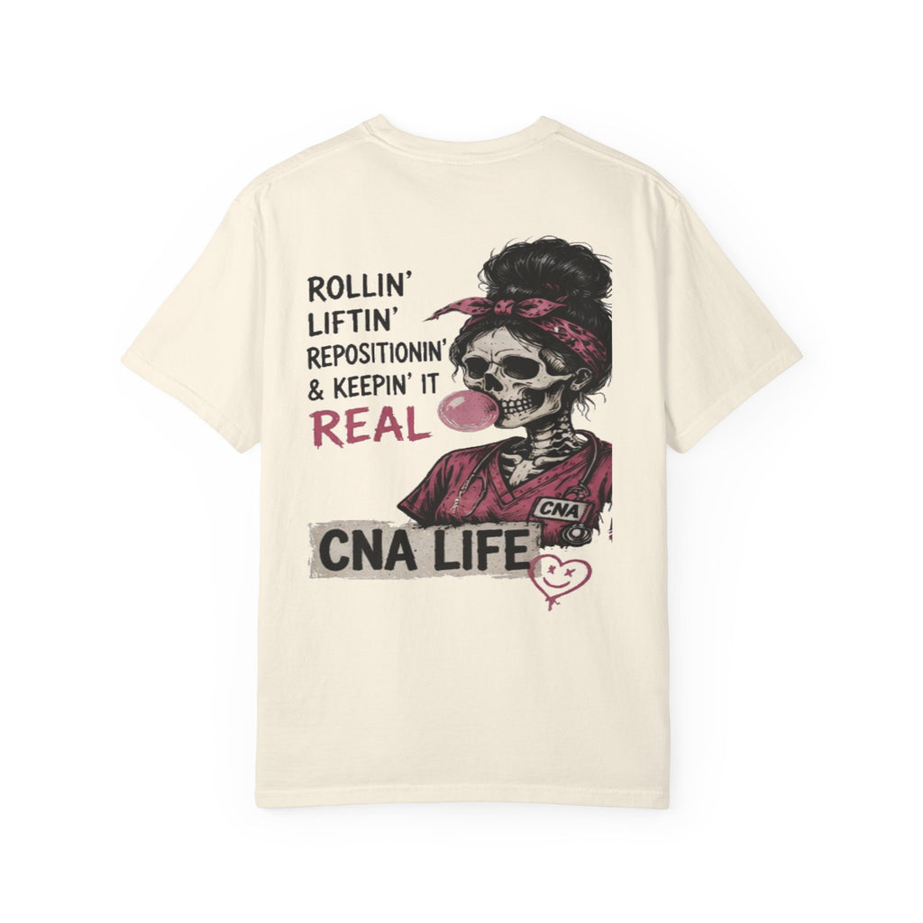 CNA Life Skull Nurse Illustration T-shirt | Rolling, Lifting, Repositioning