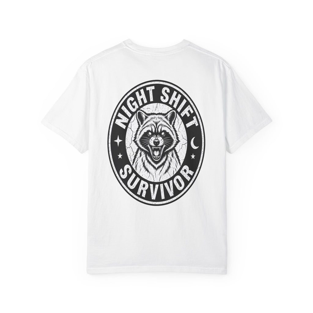 Night Shift Survivor T-Shirt — Raccoon Graphic Tee for Night Workers