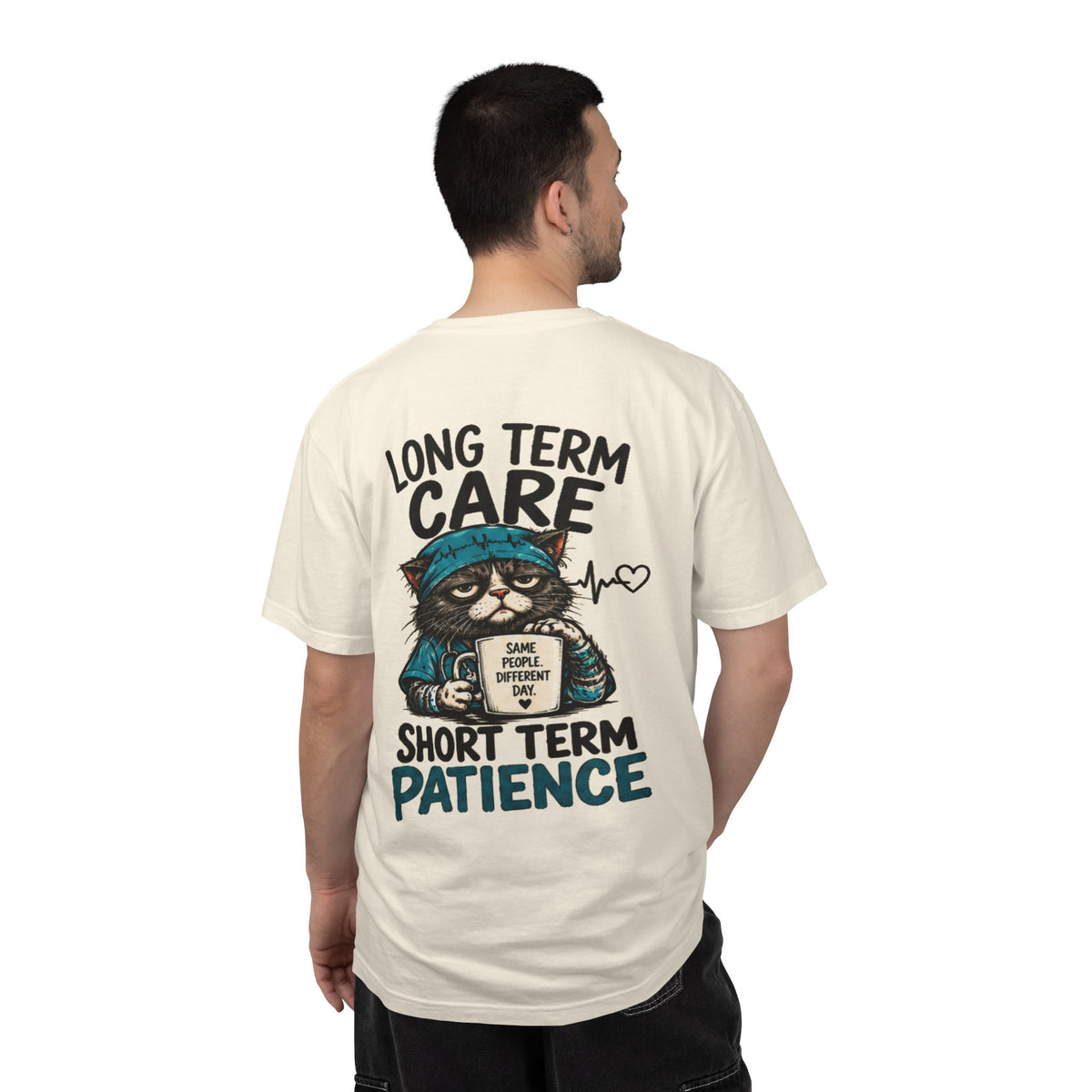 Long Term Care Short Term Patience T-shirt | Nurse Cat Illustration